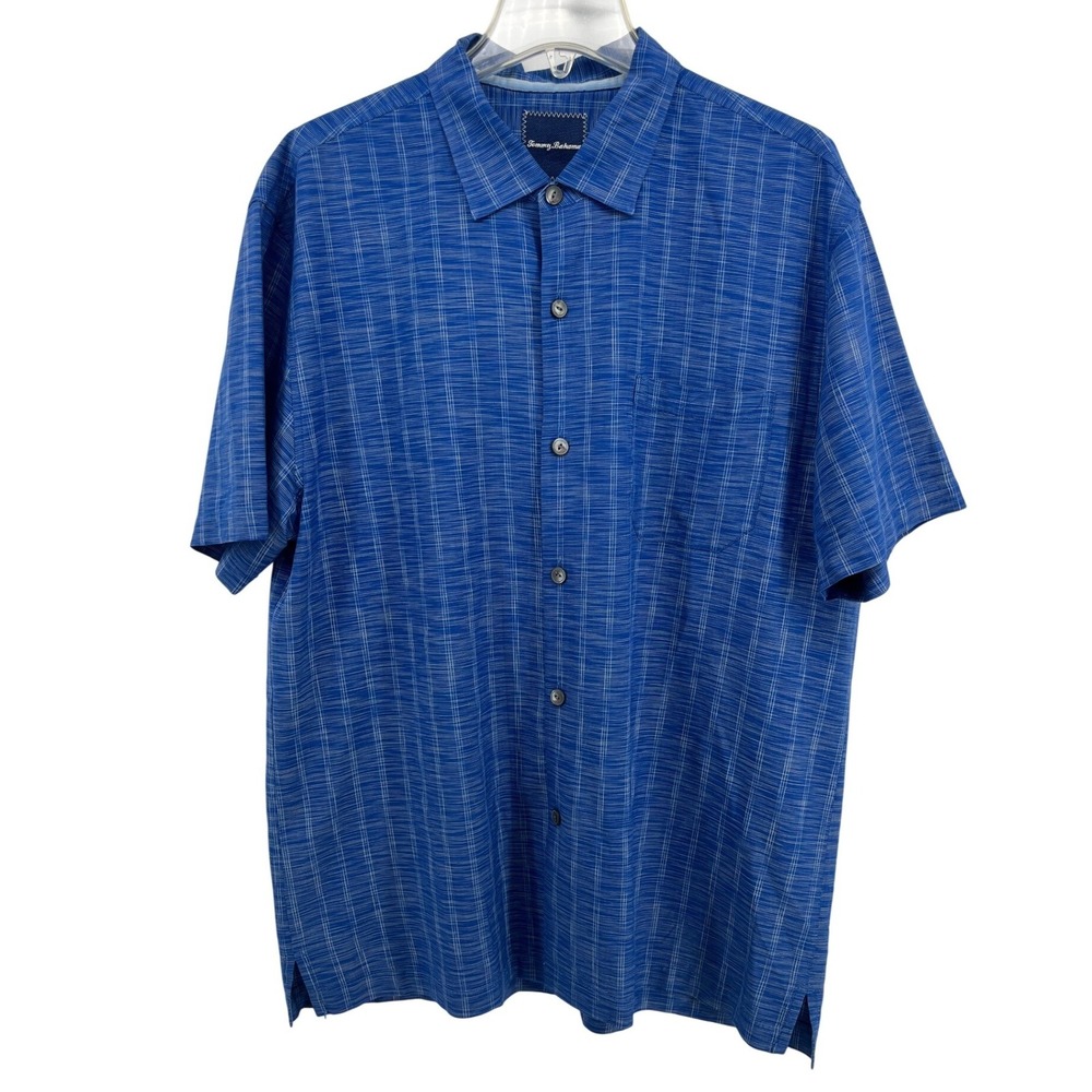 Tommy Bahama Mens XL Blue Striped Short Sleeve Silk Button Up Shirt